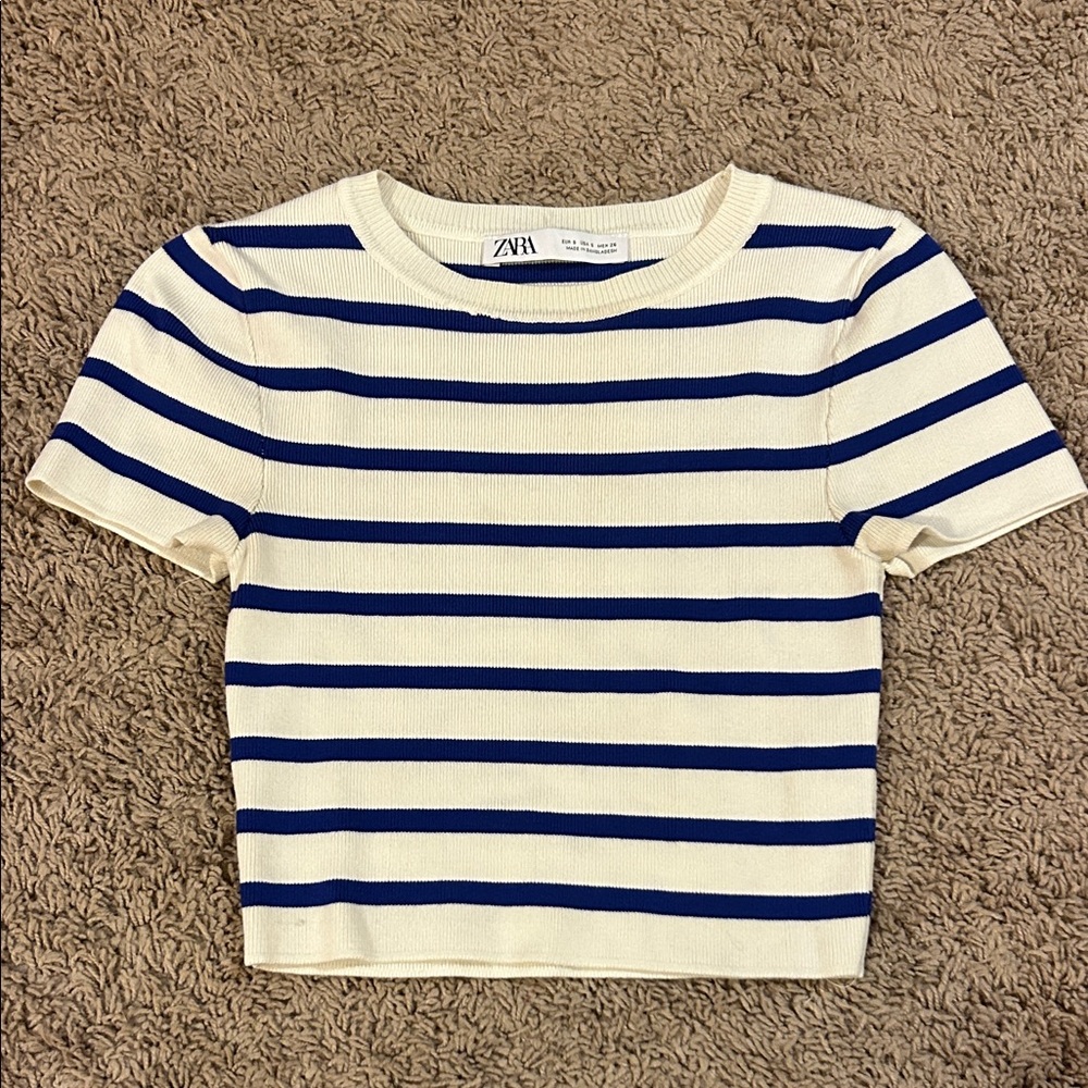 Zara Womens Navy and Cream Striped Tee